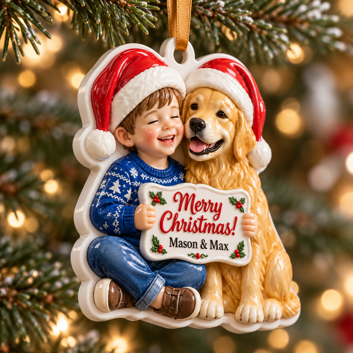 Boy and Golden Retriever Dog with Santa Hats Holiday Keepsake - 3D Relief Ornament