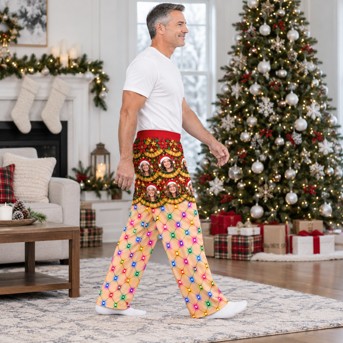 Mens Christmas Pajama Pants Holiday String Light Lounge Bottoms