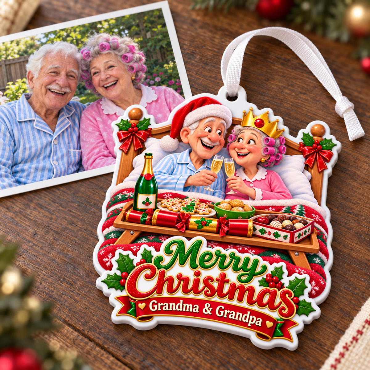 Grandma And Grandpa Breakfast In Bed Merry Christmas Holiday Keepsake - 3D Relief Ornament