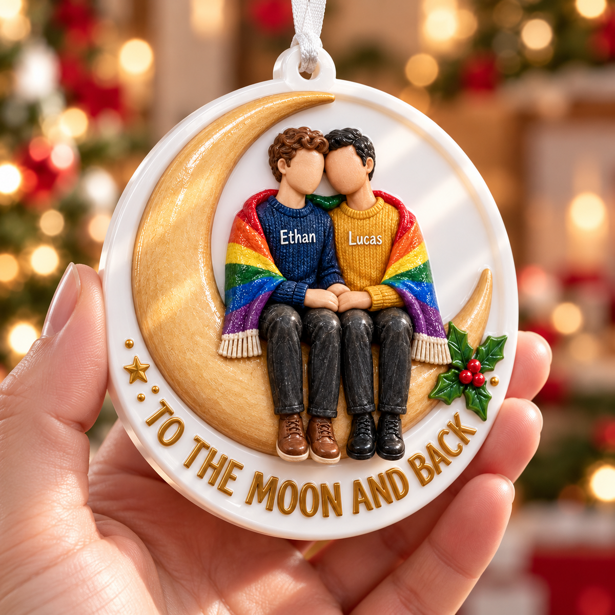 Gay Couple Sitting on Crescent Moon with Rainbow Pride Blanket Holiday Keepsake - 3D Relief Ornament