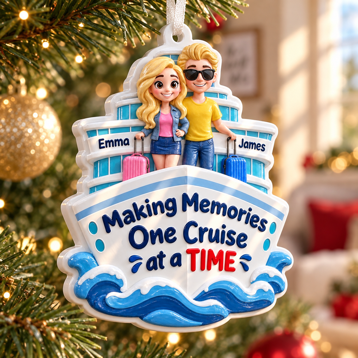 Cruise Ship Couple Vacation Holiday Hanging Decor in Ocean Blue and White - 3D Relief Ornament