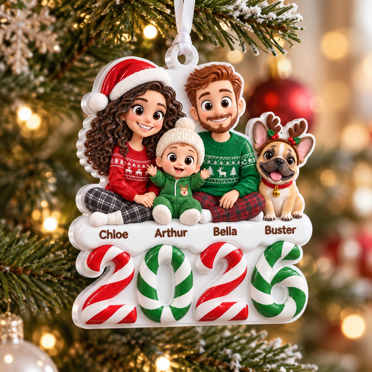 Family and Dog Christmas Tree Keepsake, Cartoon Holiday Peppermint Year - 3D Relief Ornament