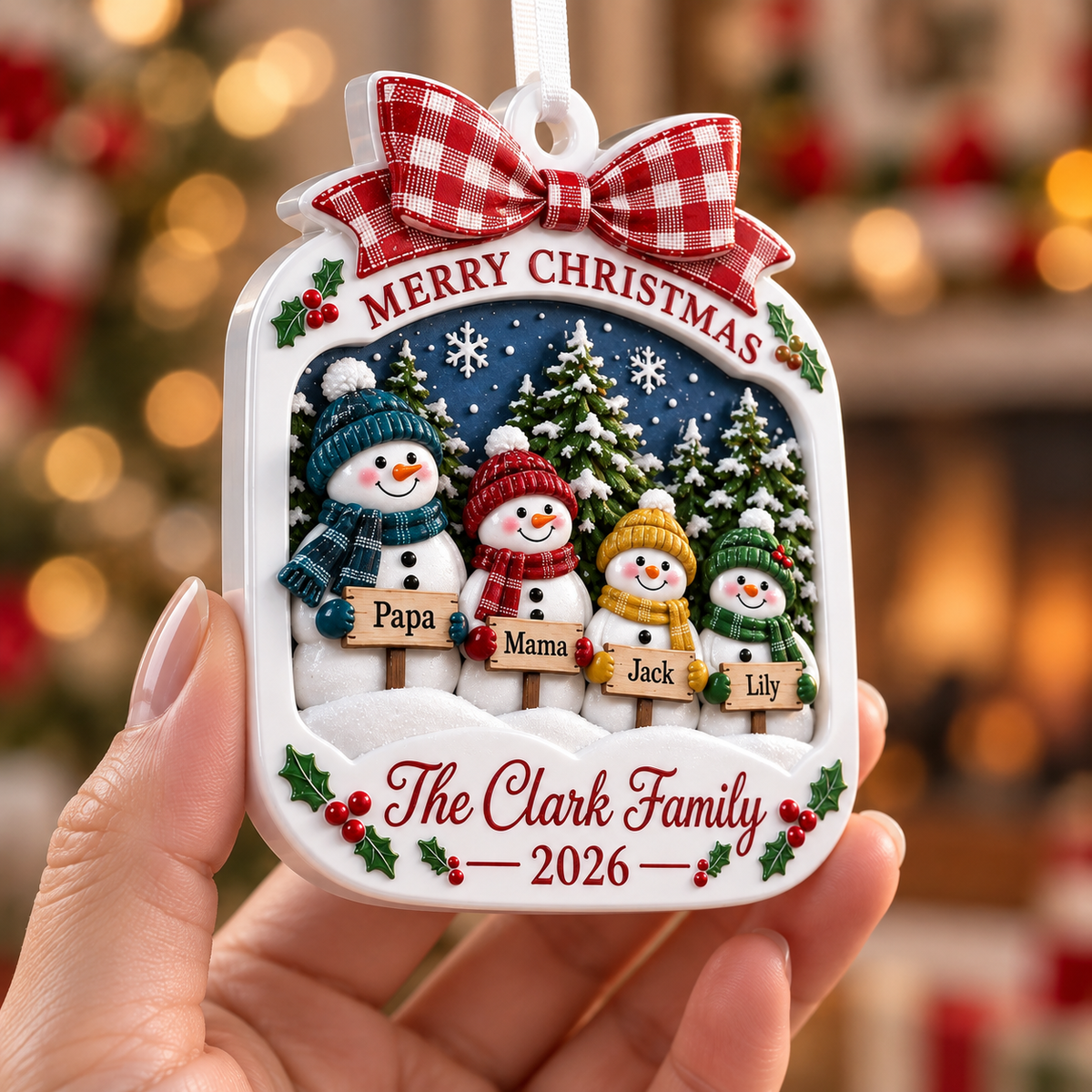 Snowman Family of 4 Christmas Tree Decoration with Red Plaid Bow - 3D Relief Ornament