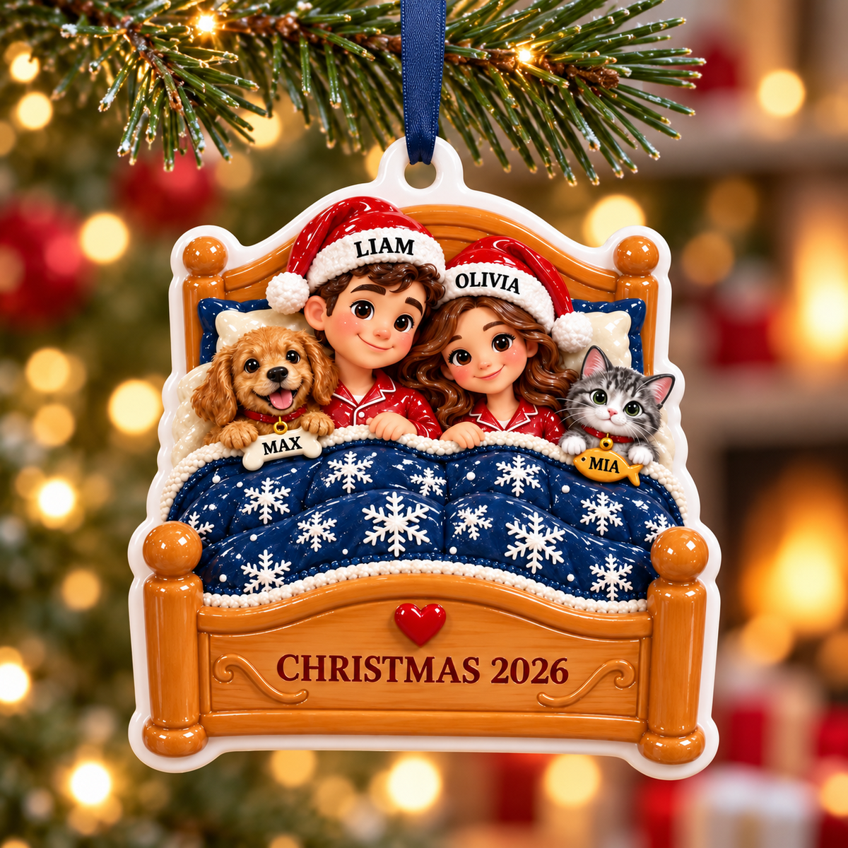 Couple with Dog and Cat in Bed Holiday Keepsake - 3D Relief Ornament