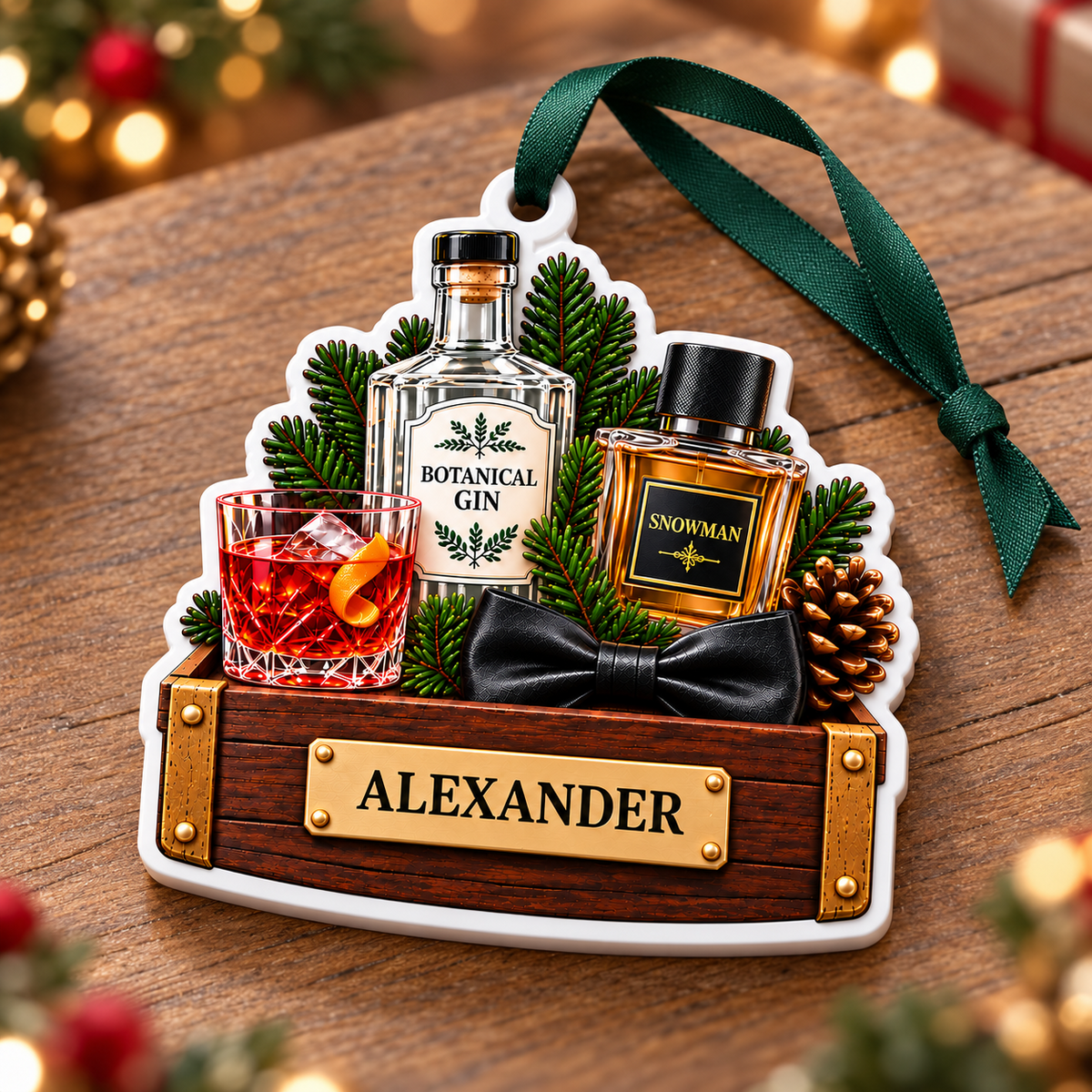 Gin Bottle Cocktail and Cologne Crate Acrylic Hanging Holiday Keepsake - 3D Relief Ornament