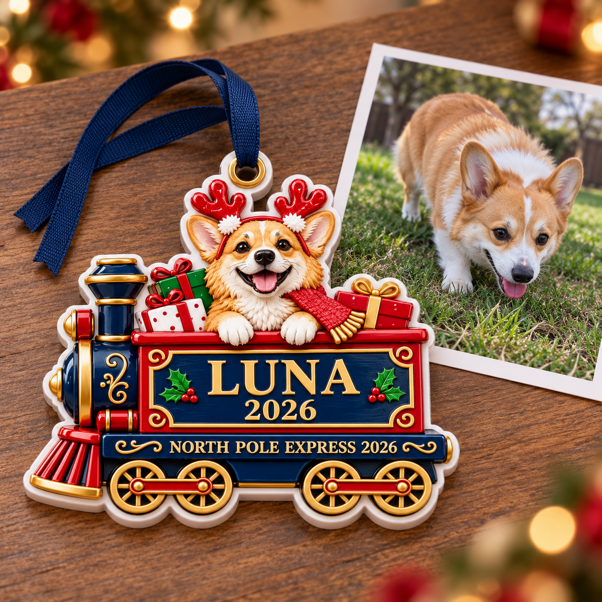 Corgi Dog North Pole Express Train Christmas Holiday Keepsake - 3D Relief Ornament