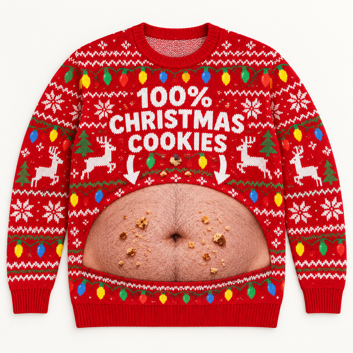 Funny Christmas Sweatshirt Fake Belly Print Novelty Holiday Pullover