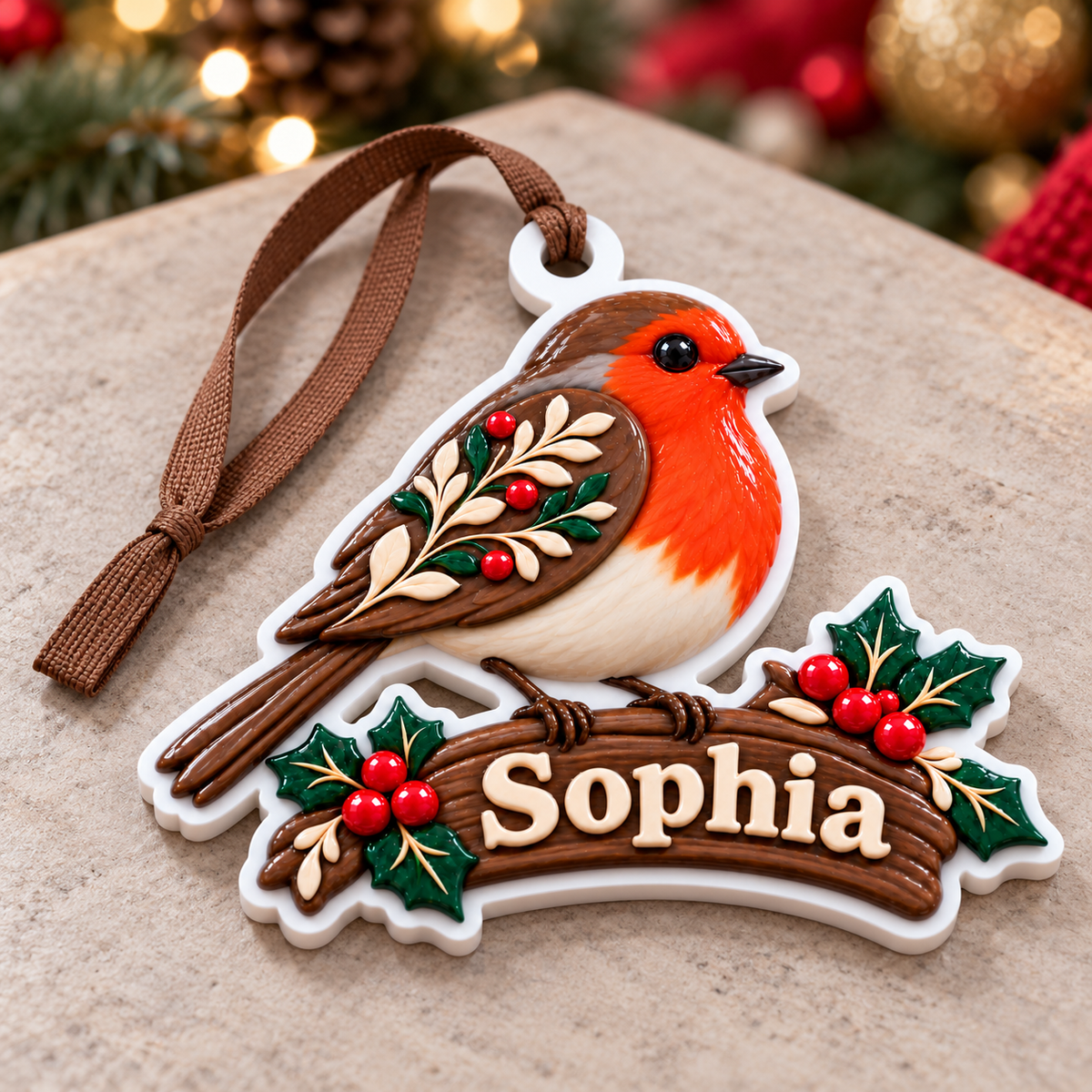 Robin Redbreast on Holly Branch Acrylic Hanging Holiday Keepsake - 3D Relief Ornament