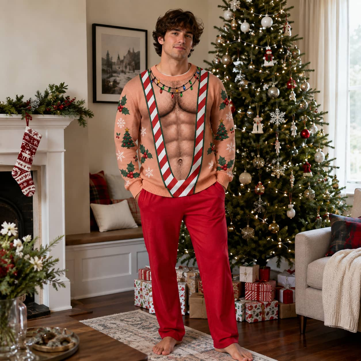 Funny Christmas Sweatshirt Hairy Muscle Chest Graphic Pullover