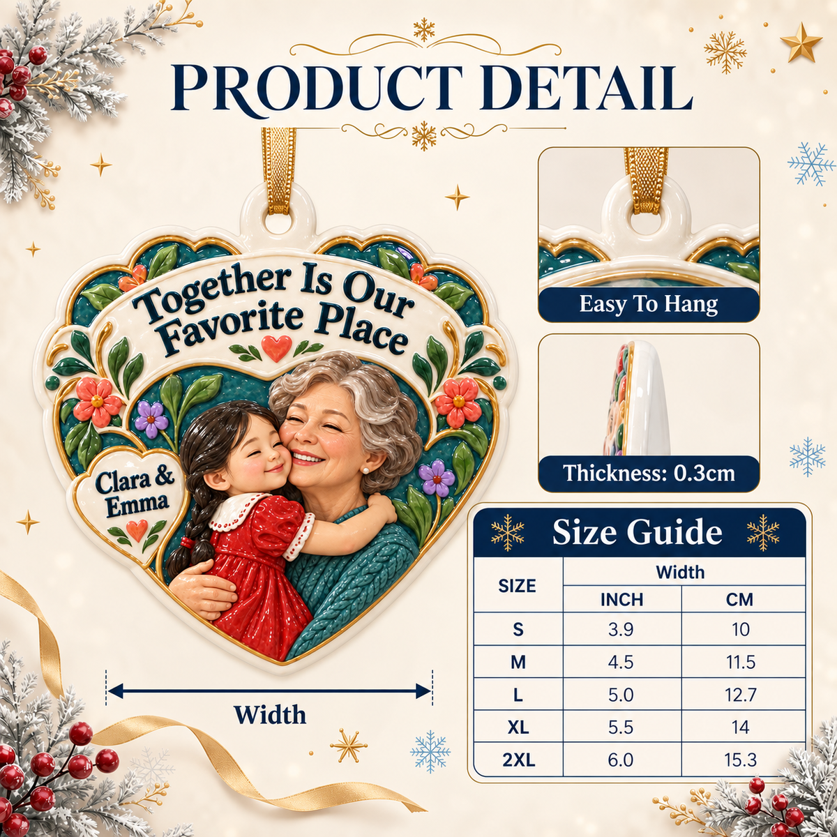 Grandmother and Granddaughter Heart Holiday Keepsake - 3D Relief Ornament