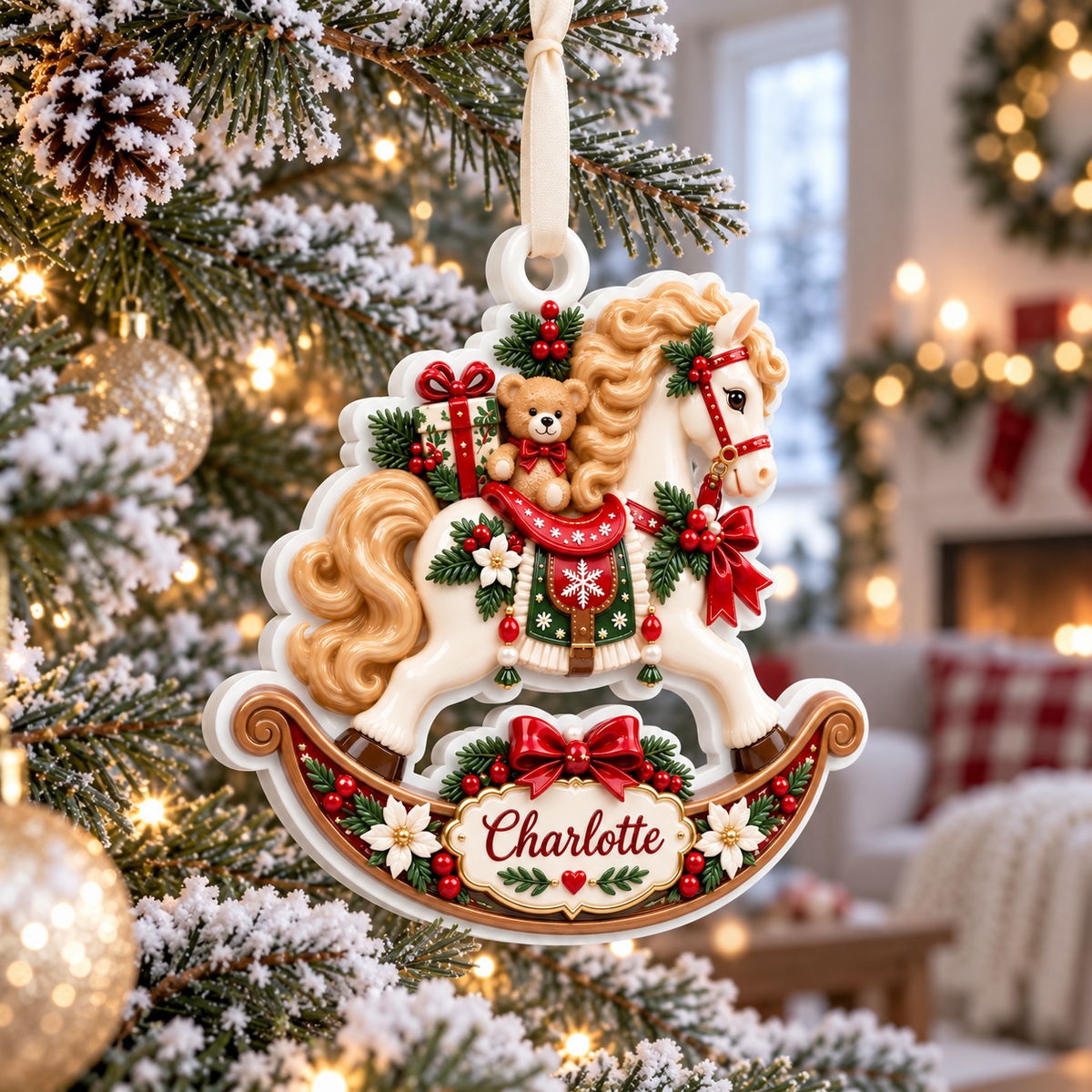 Vintage Rocking Horse with Teddy Bear and Christmas Holly Accent - 3D Relief Ornament