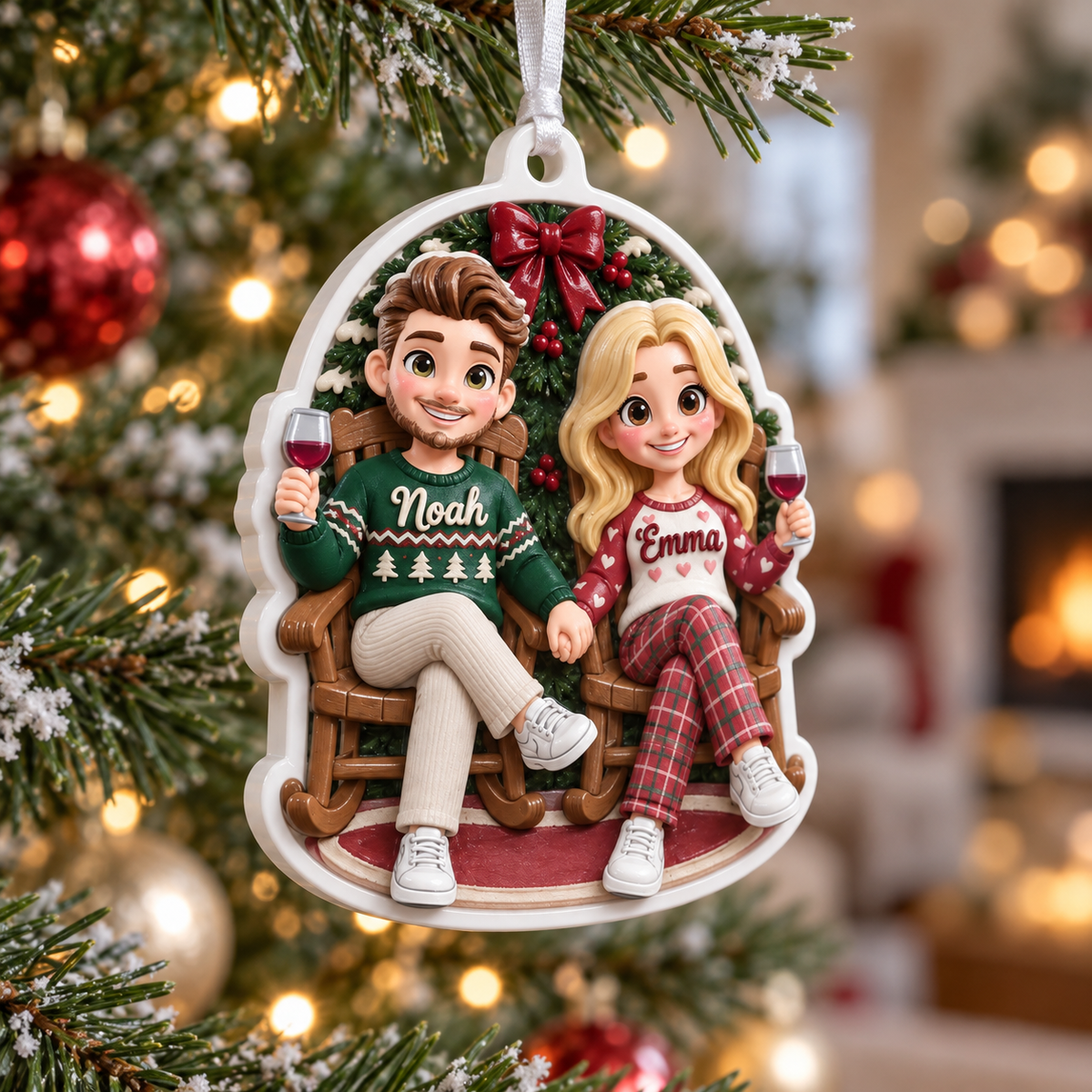 Couple in Rocking Chairs Christmas Tree Hanging Decor with Wine and Wreath - 3D Relief Ornament