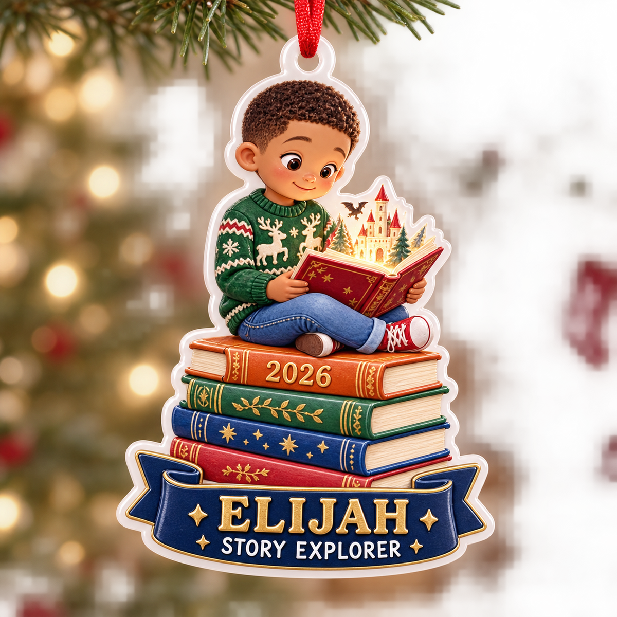 Boy Reading on Stack of Books Acrylic Holiday Keepsake - 3D Relief Ornament