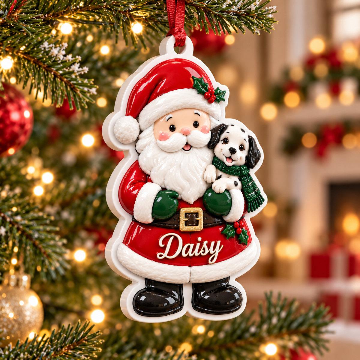 Santa Claus Holding Spotted Puppy Dog Christmas Tree Hanging Accent - 3D Relief Ornament