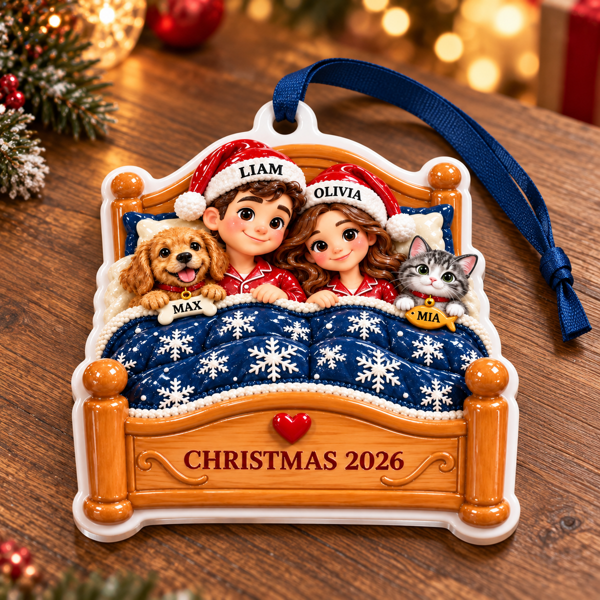 Couple with Dog and Cat in Bed Holiday Keepsake - 3D Relief Ornament