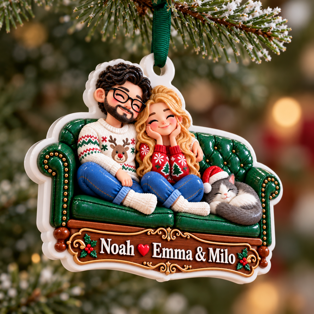 Couple with Cat on Green Tufted Sofa Acrylic Christmas Tree Hanging Decor - 3D Relief Ornament