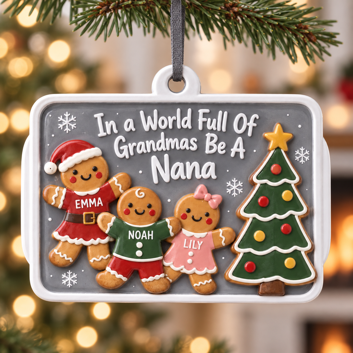 Nana Gingerbread Family Christmas Plaque, Rectangular Hanging Holiday Tree Decor - 3D Relief Ornament