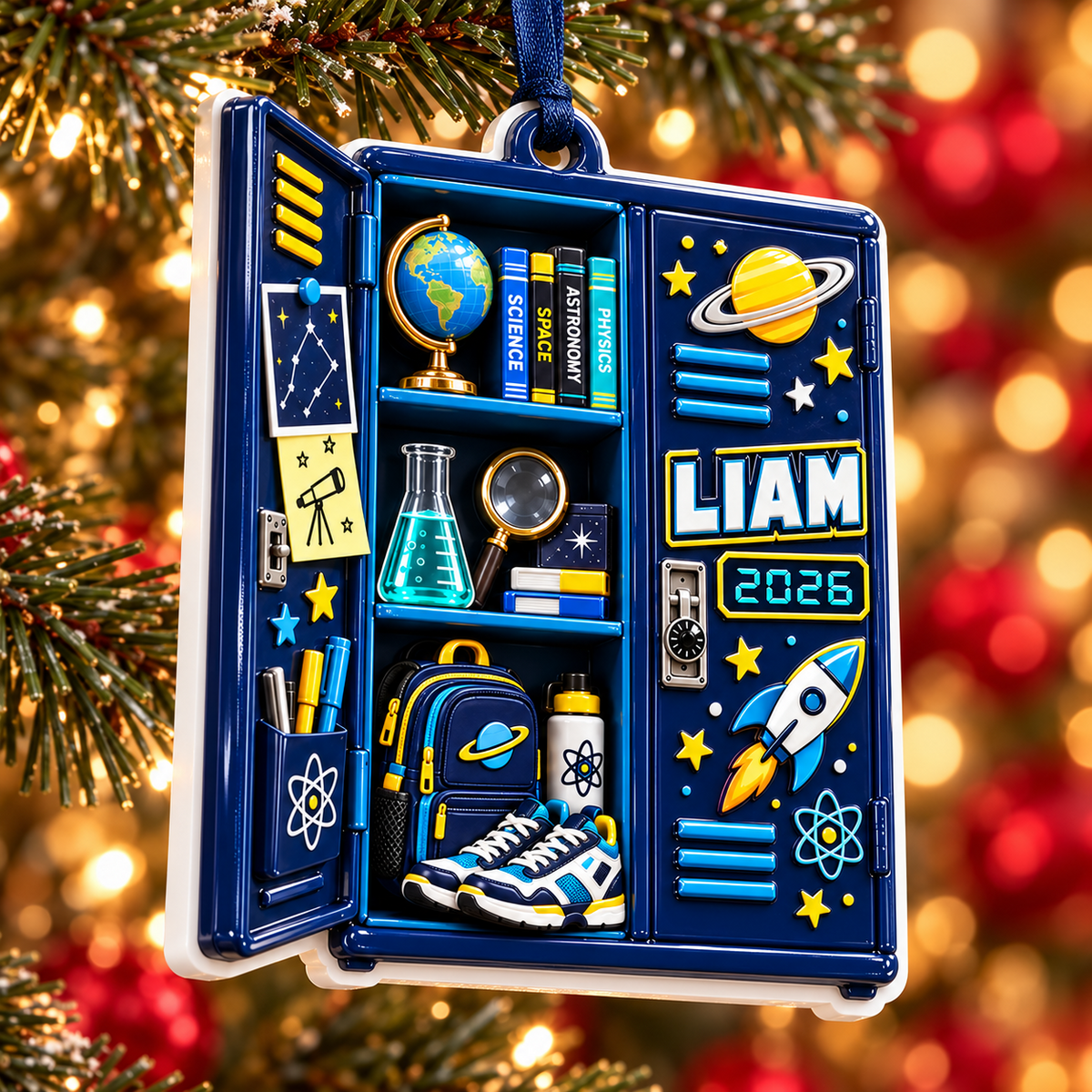 Blue School Locker Astronomy Science Theme Hanging Keepsake - 3D Relief Ornament