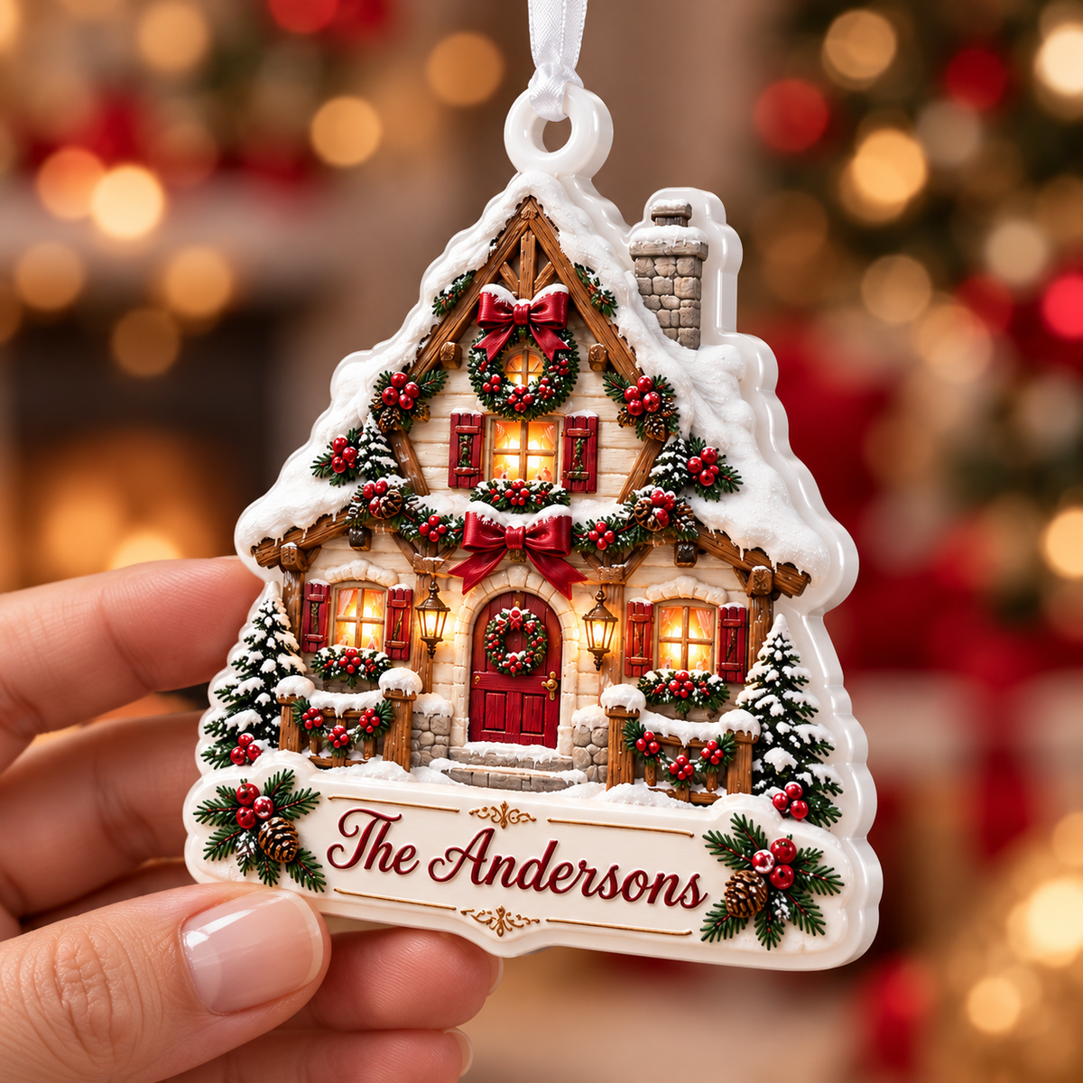 Winter Cottage House Plaque Holiday Tree Hanging Accent - 3D Relief Ornament