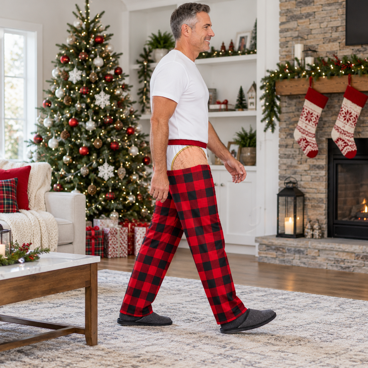 Men's Novelty Plaid Pajama Pants with Fake Sagging Briefs Print