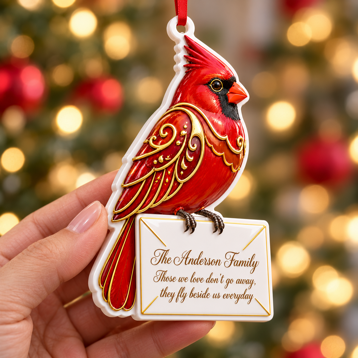 Red Cardinal Perched on Envelope Memorial Tree Hanging - 3D Relief Ornament