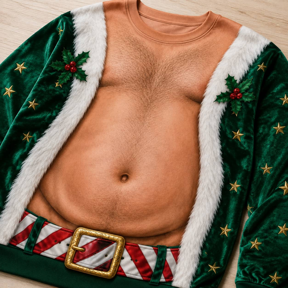 Funny Ugly Christmas Sweatshirt Fake Bare Chest Belly Graphic Crewneck