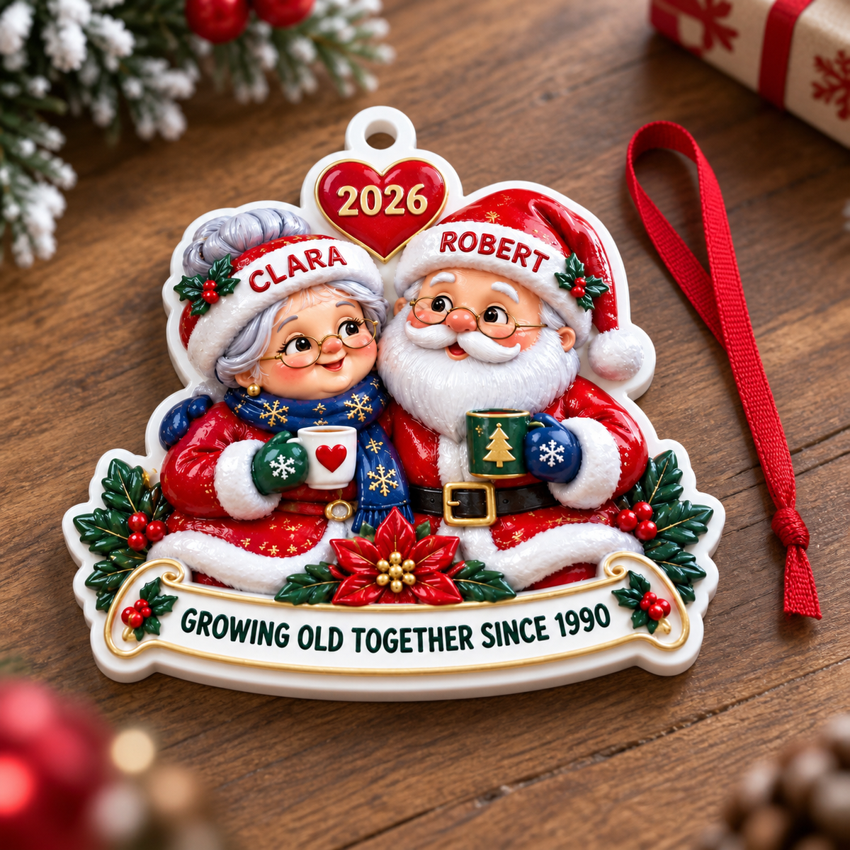 Santa and Mrs Claus Couple Christmas Tree Decoration, Holiday Keepsake - 3D Relief Ornament