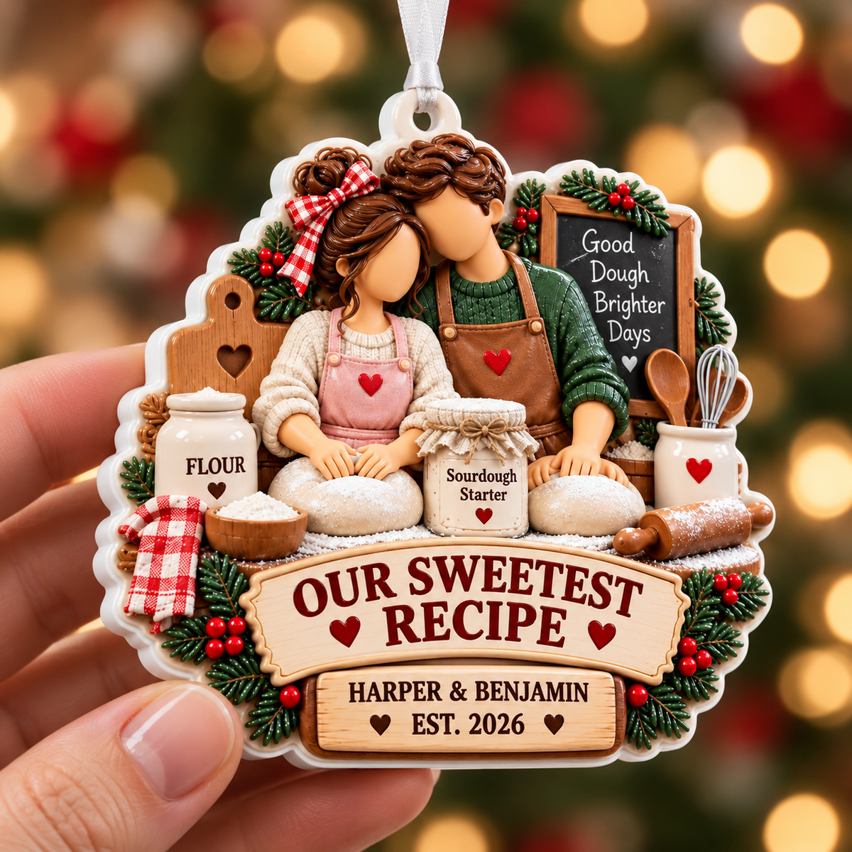 Baking Couple Holiday Keepsake with Sourdough Bread Kitchen Motif - 3D Relief Ornament
