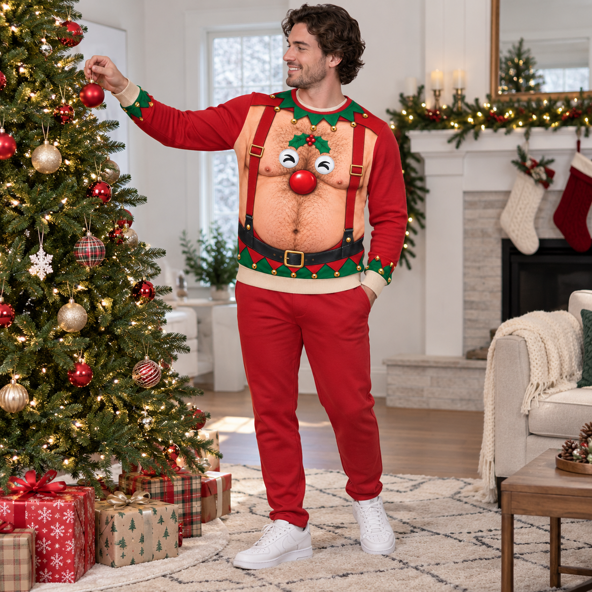 Christmas Sweatshirt Hairy Chest Reindeer Suspenders Pullover