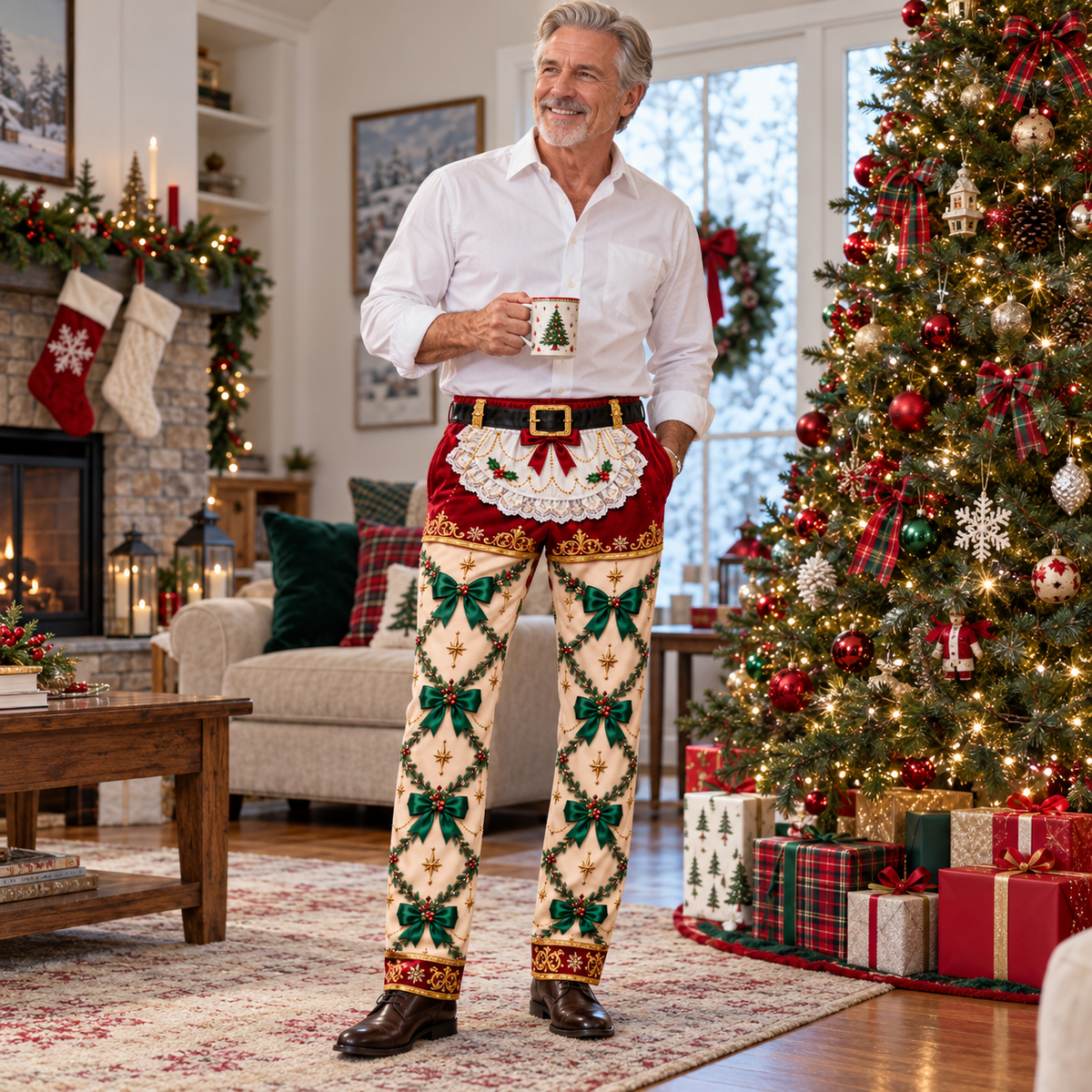 Christmas Holiday Print Trousers Casual Elastic Waist Pants