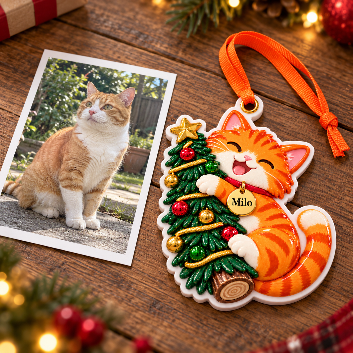 Orange Tabby Cat Hugging Christmas Tree Holiday Keepsake - 3D Relief Ornament