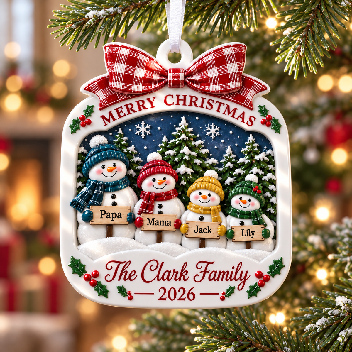 Snowman Family of 4 Christmas Tree Decoration with Red Plaid Bow - 3D Relief Ornament