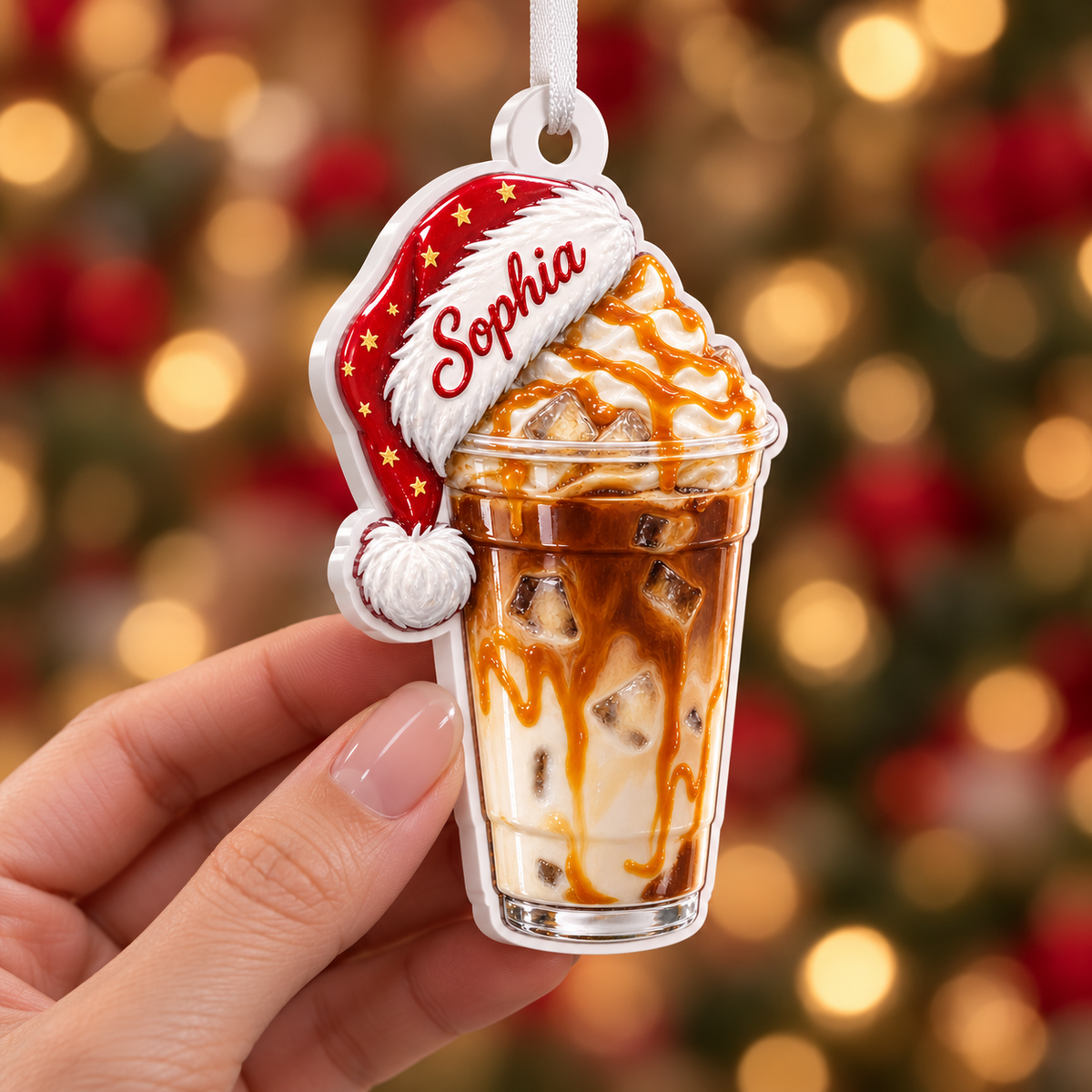 Iced Caramel Macchiato with Santa Hat Acrylic Hanging Holiday Keepsake - 3D Relief Ornament