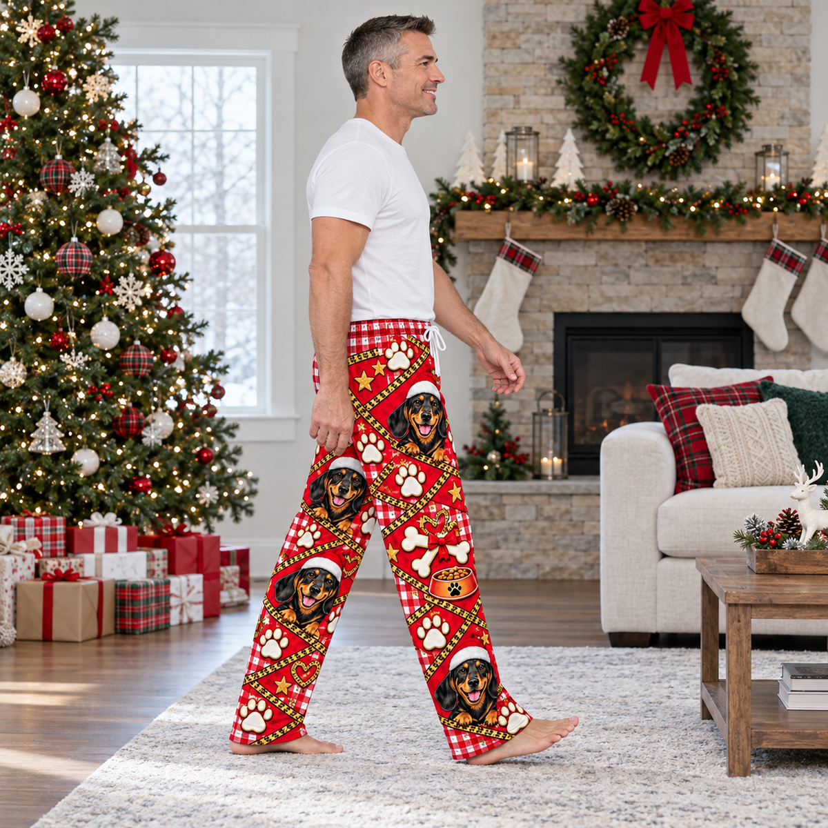 Mens Dog Christmas Pajama Pants Plaid Holiday Lounge Bottoms