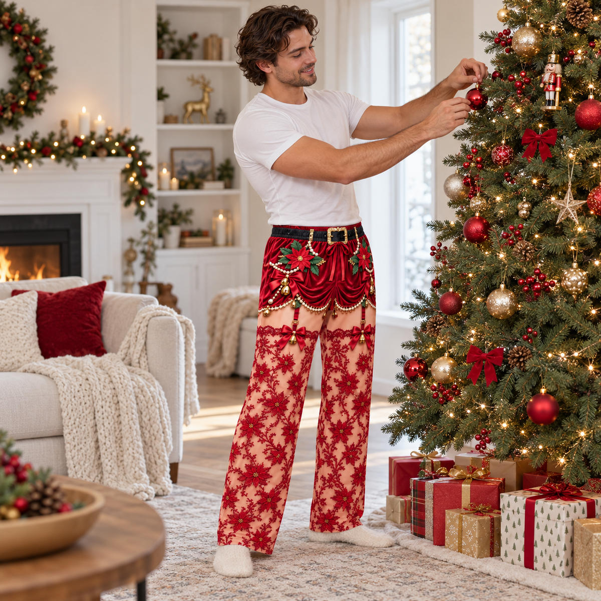 Christmas Pajama Pants Novelty Stocking Print Holiday Lounge Trousers