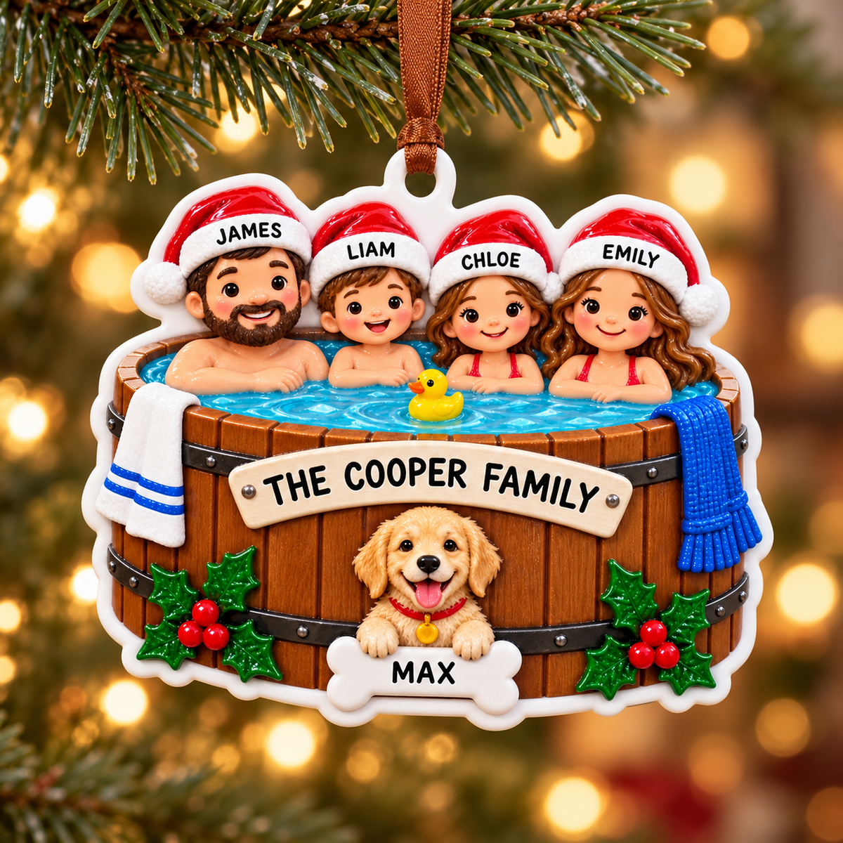 Family of 4 with Dog in Hot Tub Holiday Keepsake - 3D Relief Ornament