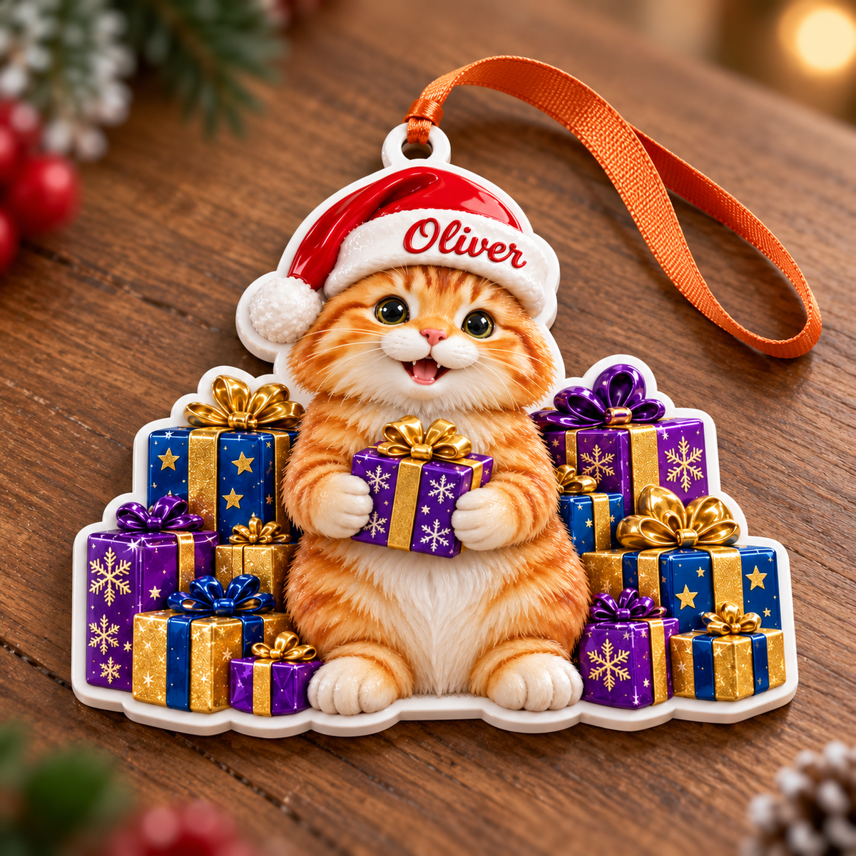 Ginger Cat in Santa Hat with Christmas Gift Boxes Acrylic Hanging Tree Decoration - 3D Relief Ornament