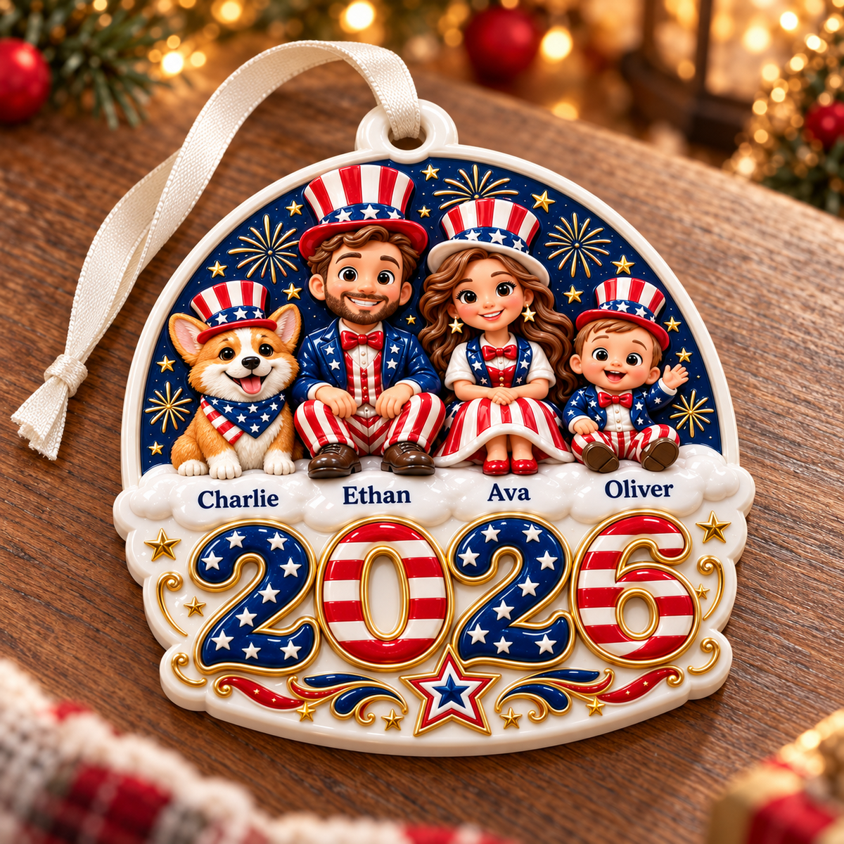 Patriotic Family with Dog 2026 Year Hanging Keepsake - 3D Relief Ornament