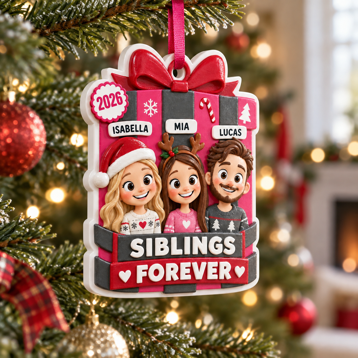Siblings Forever Christmas Present Box Holiday Hanging Keepsake - 3D Relief Ornament