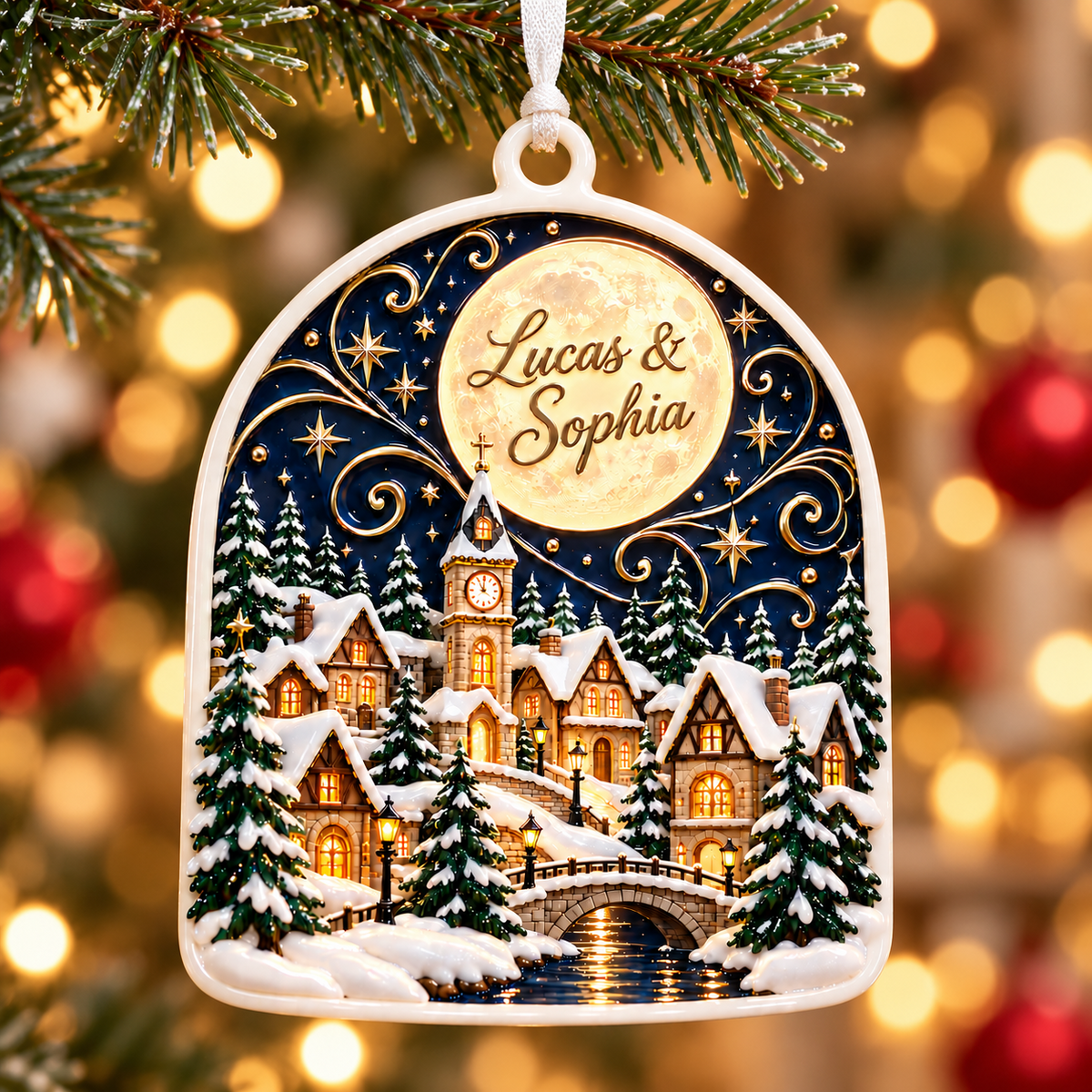 Winter Village Night Scene Arch Acrylic Holiday Hanging Keepsake - 3D Relief Ornament