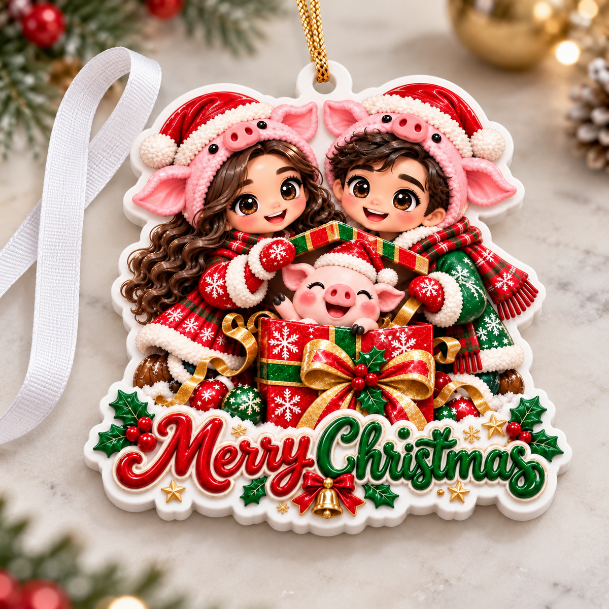 Pig Hat Couple with Piglet Gift Box Merry Christmas Acrylic Tree Hanging - 3D Relief Ornament