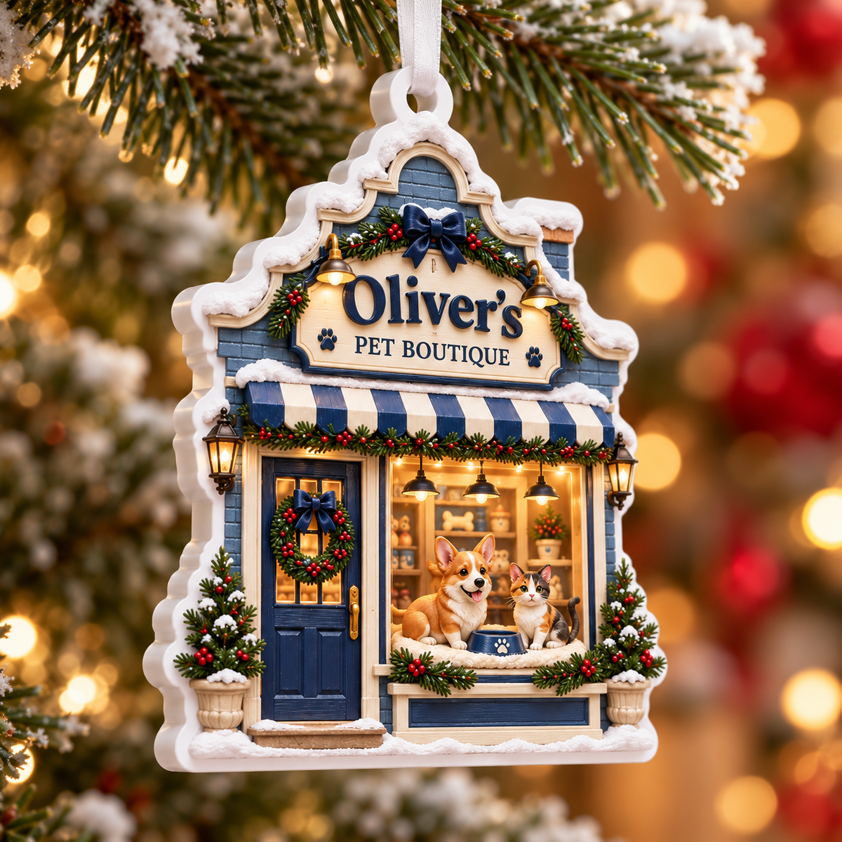 Christmas Pet Boutique Storefront Hanging Holiday Keepsake - 3D Relief Ornament