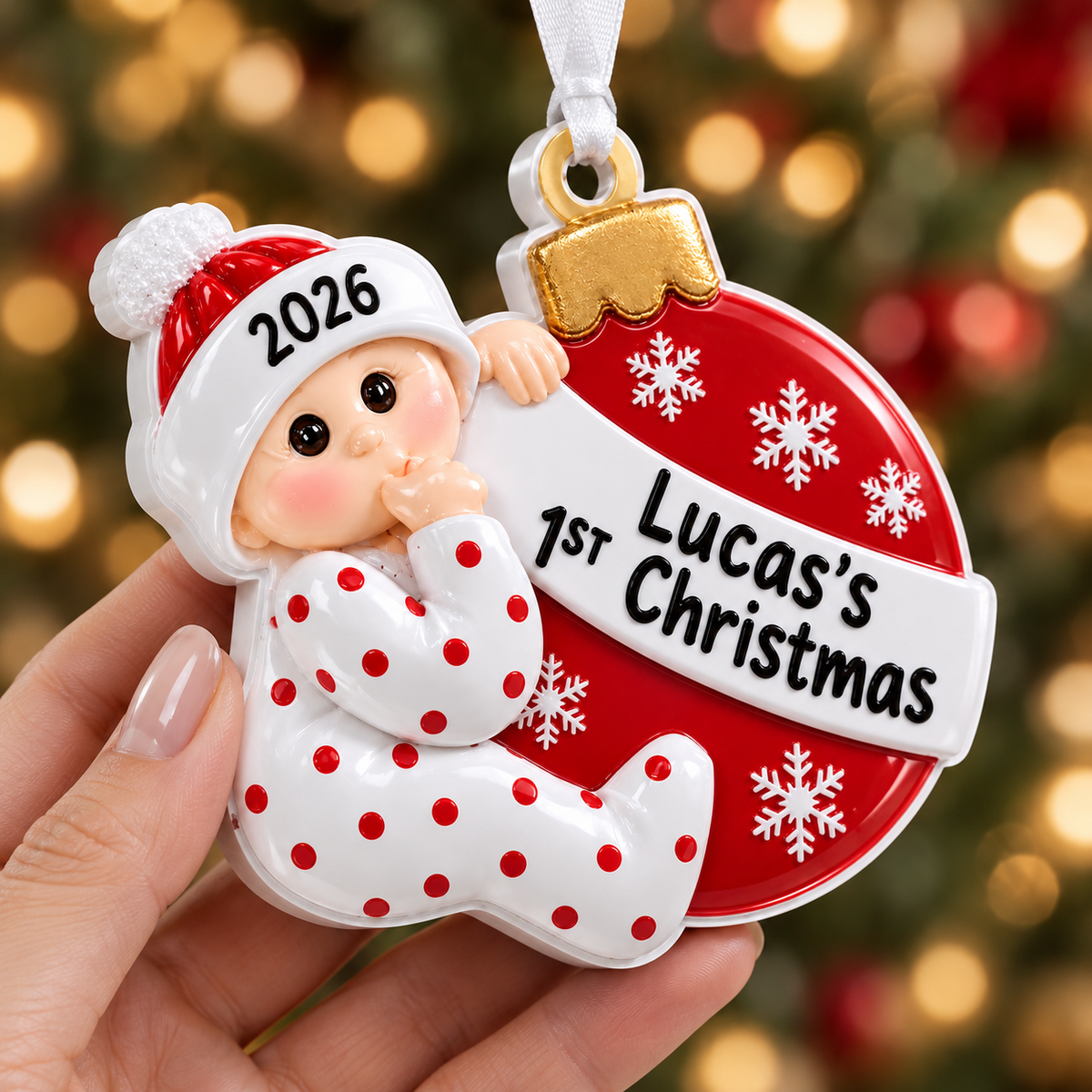 Baby First Christmas Bauble Red and White Polyresin Hanging Keepsake - 3D Relief Ornament