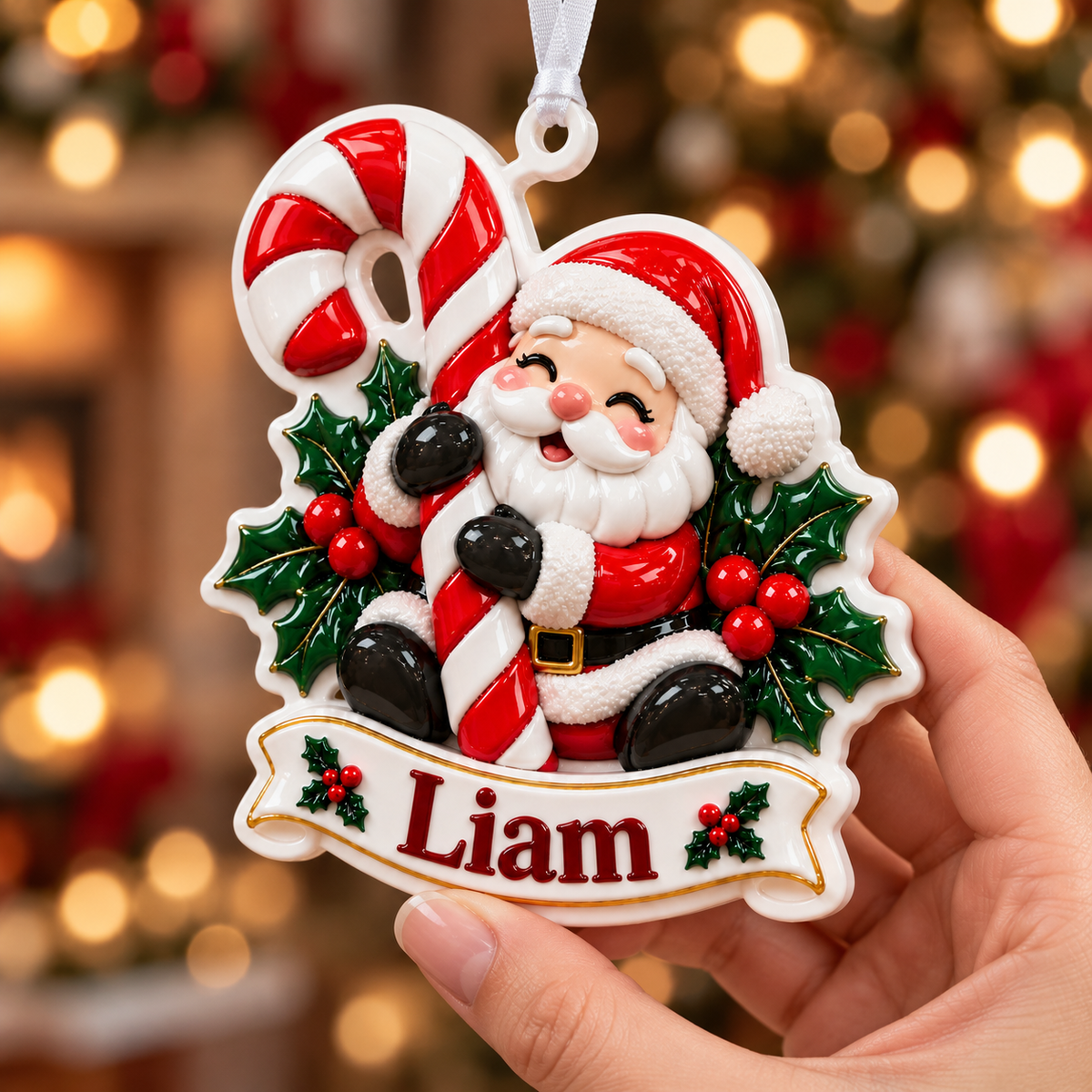 Santa Claus with Candy Cane Christmas Tree Hanging Plaque - 3D Relief Ornament