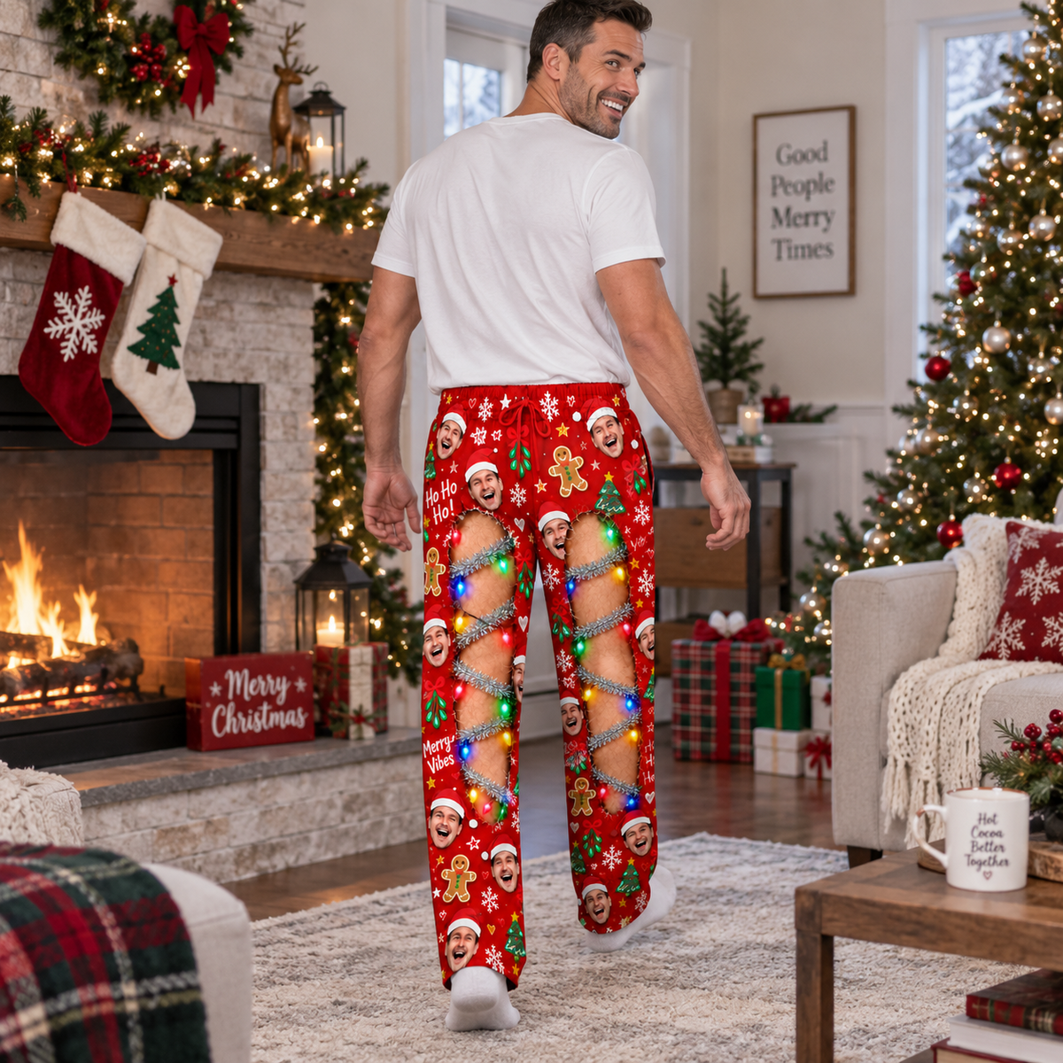 Christmas Pajama Pants Ripped Leg Holiday Lights Lounge Bottoms