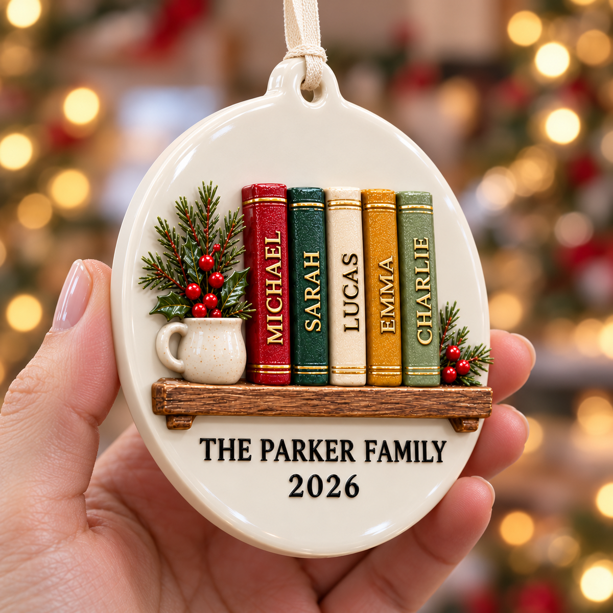 Round White Ceramic Holiday Tree Hanging Medallion, Glossy Porcelain Disc - 3D Relief Ornament