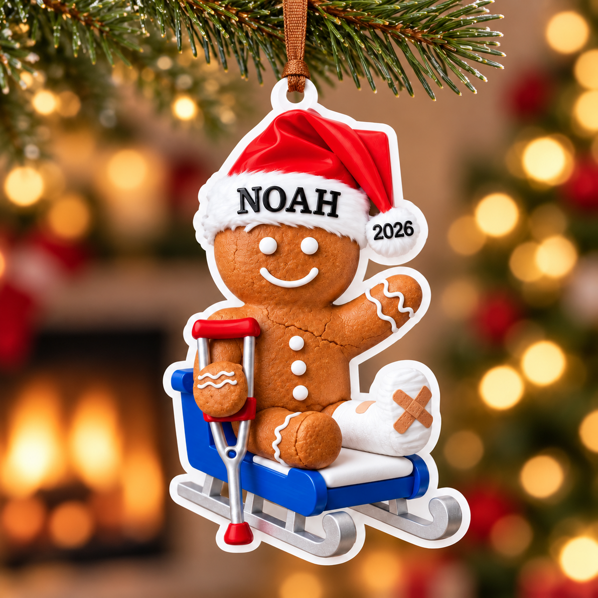 Gingerbread Man with Leg Cast and Crutch on Sled Holiday Keepsake - 3D Relief Ornament