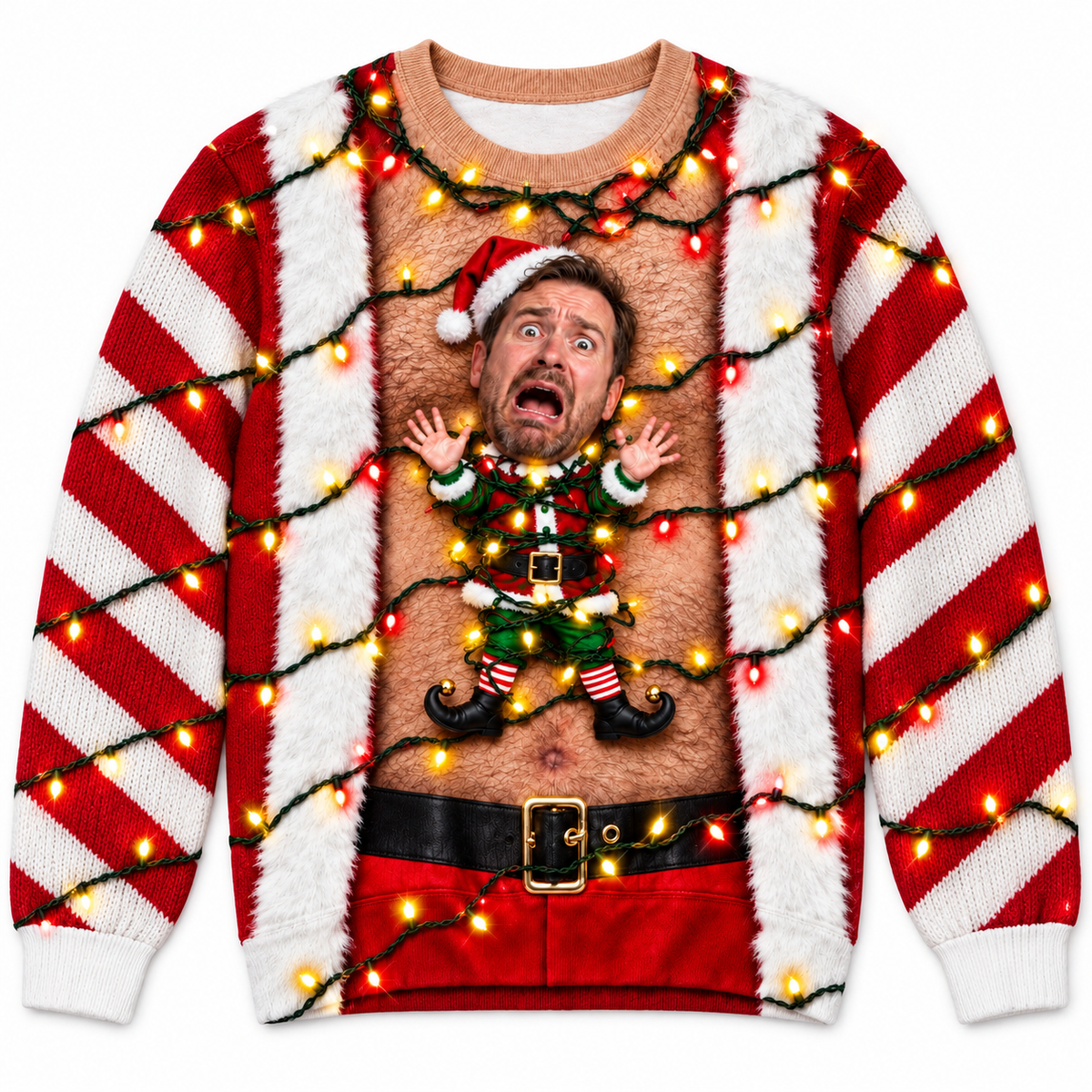 Ugly Christmas Sweatshirt with Hairy Chest and Holiday Elf Graphic