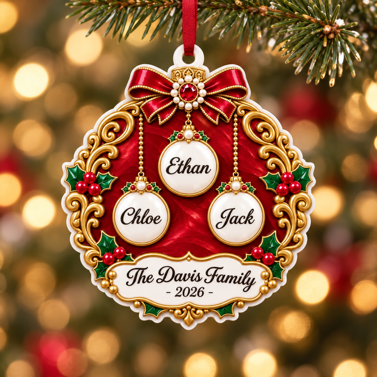 Christmas Family Bauble Medallion in Red and Gold Filigree Scrollwork - 3D Relief Ornament