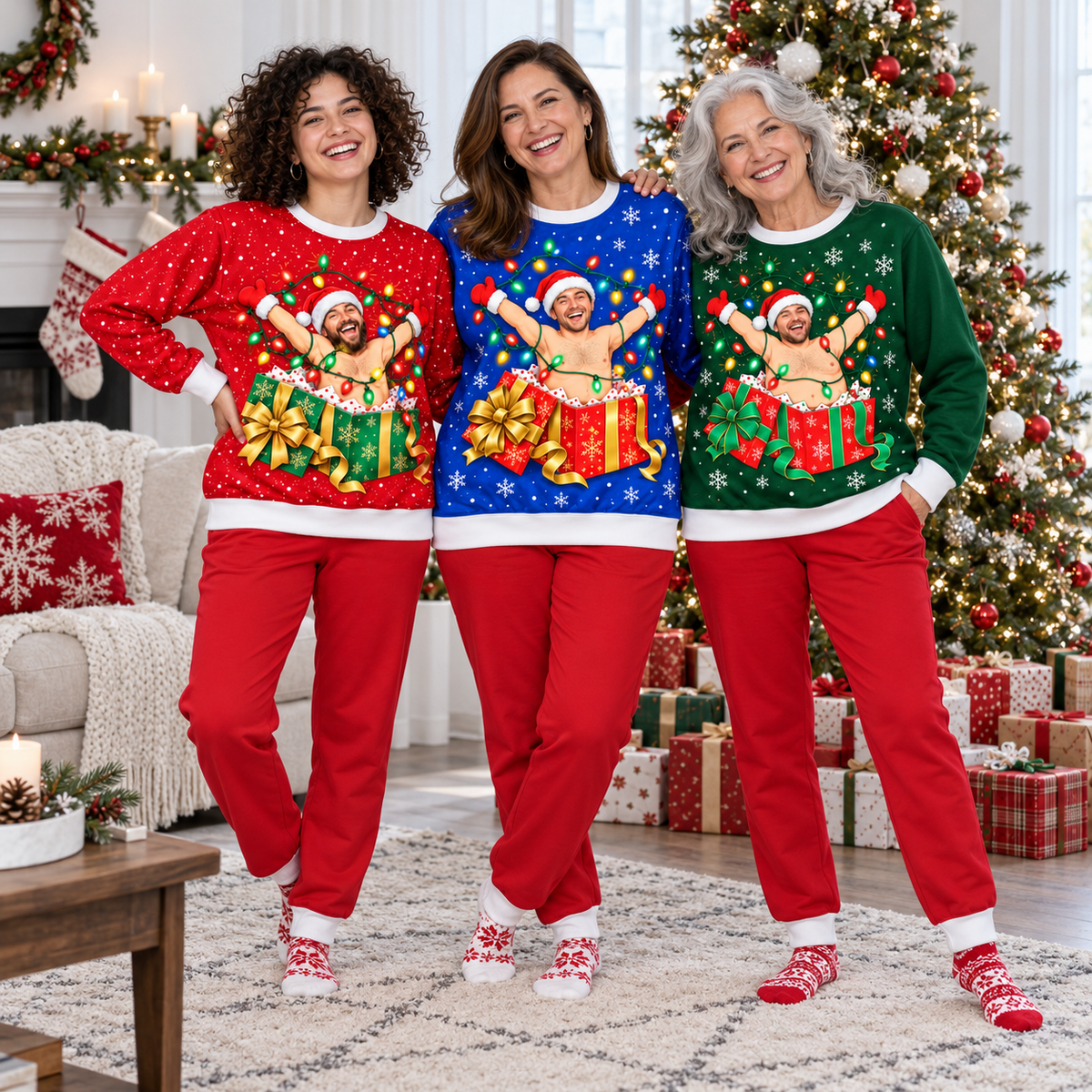 Christmas Sweatshirt Man in Wrapped Present Box Holiday Crewneck